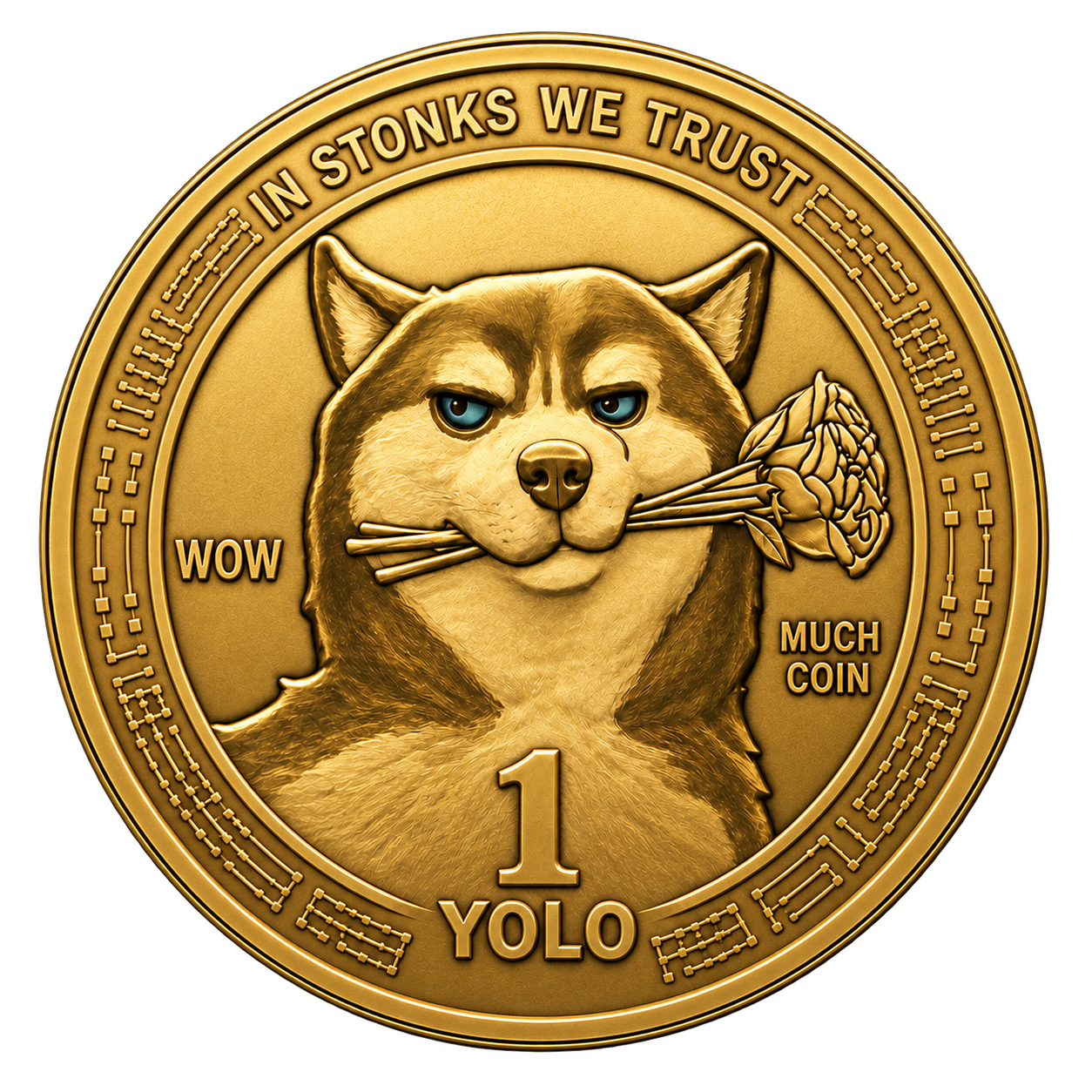 Gold YOLO dog coin with a rose and WOW MUCH COIN lettering